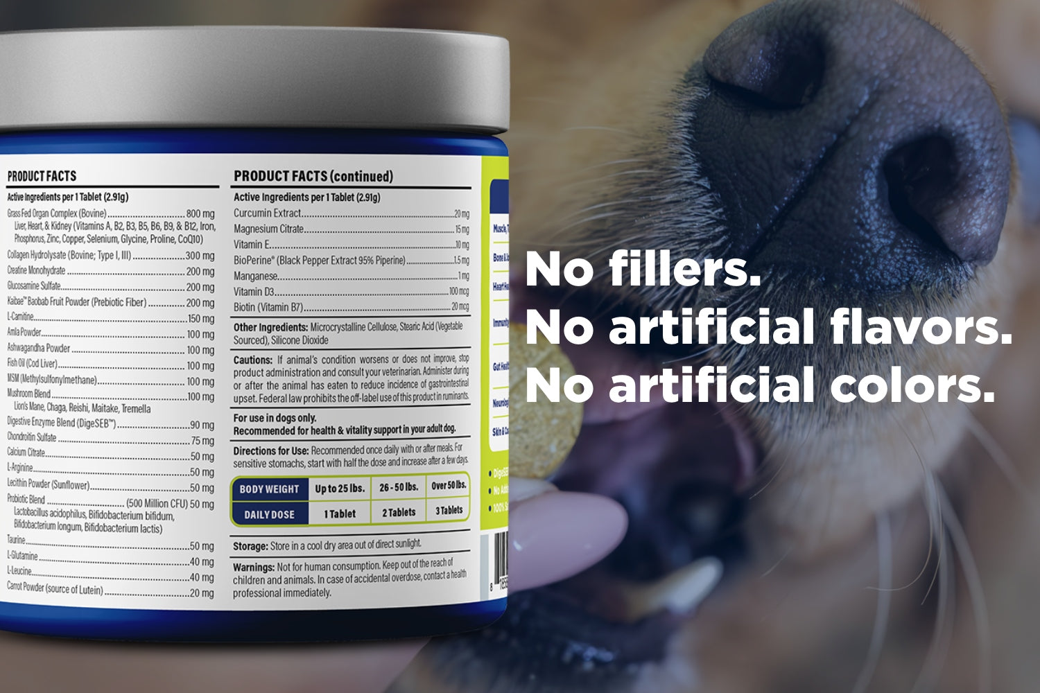 Close-up of a pet supplement bottle nutrition label