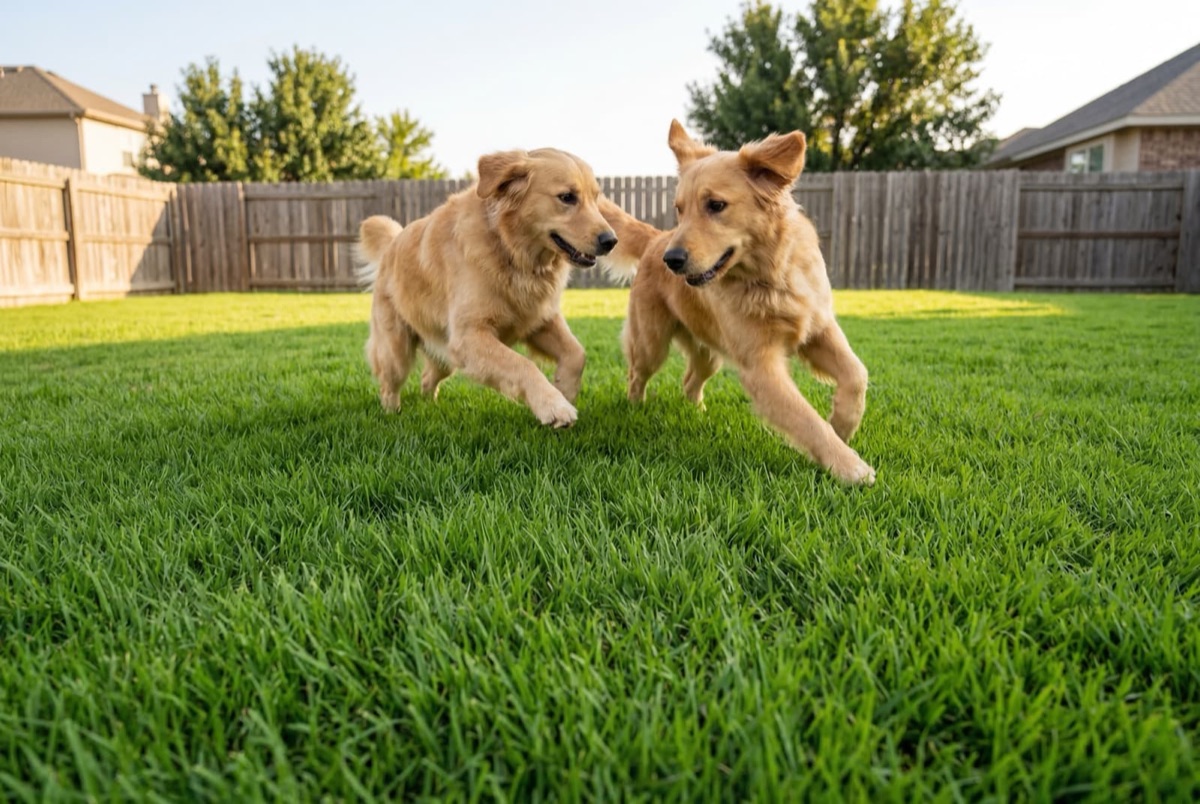 Two golden retriever dogs running playfully across a green lawn