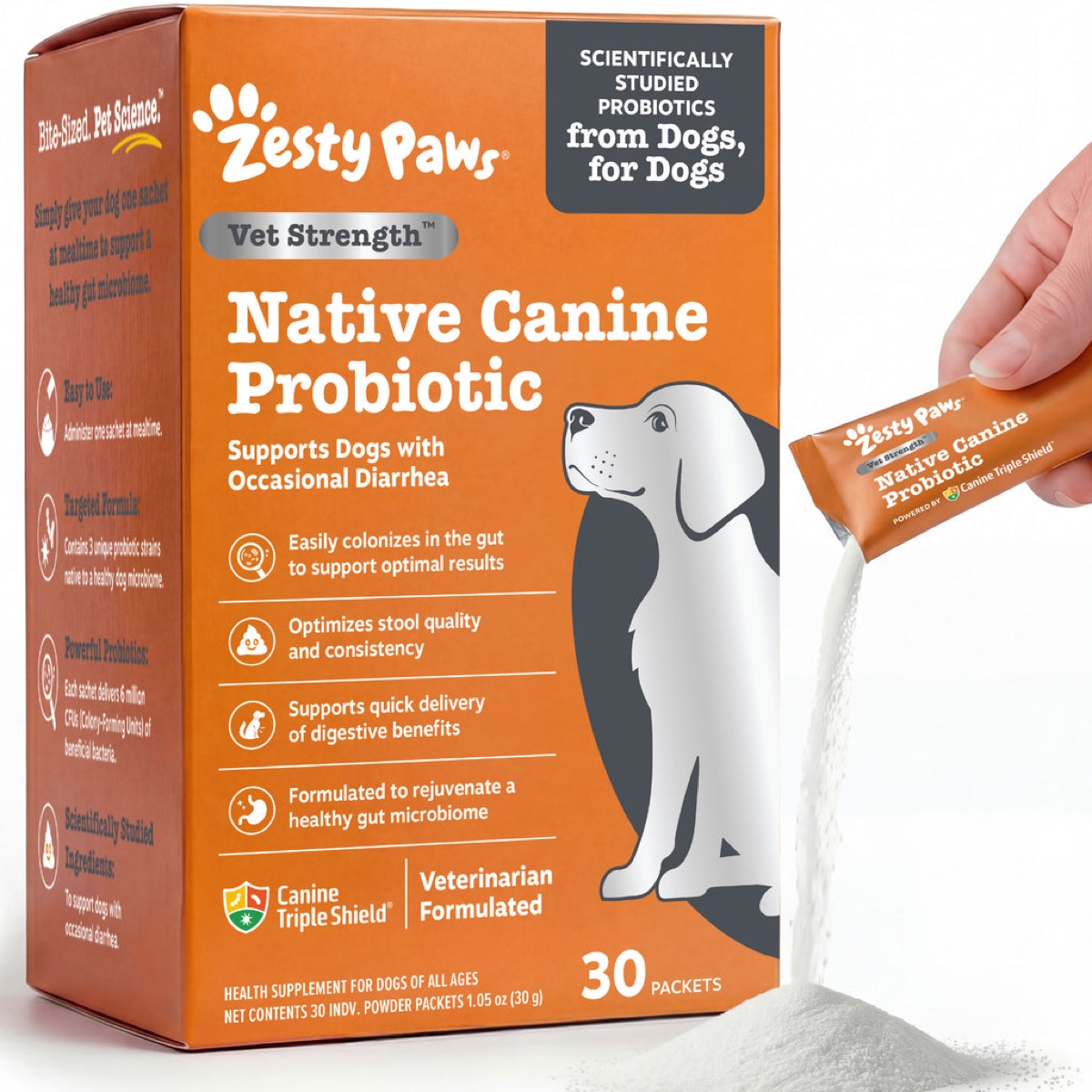 Zesty Paws Vet Strength canine probiotic supplement box and sachet